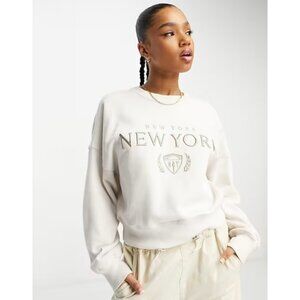 Abercrombie & Fitch Cream Tonal Embroidery NYC Crew Neck Sweater Comfy Size XS